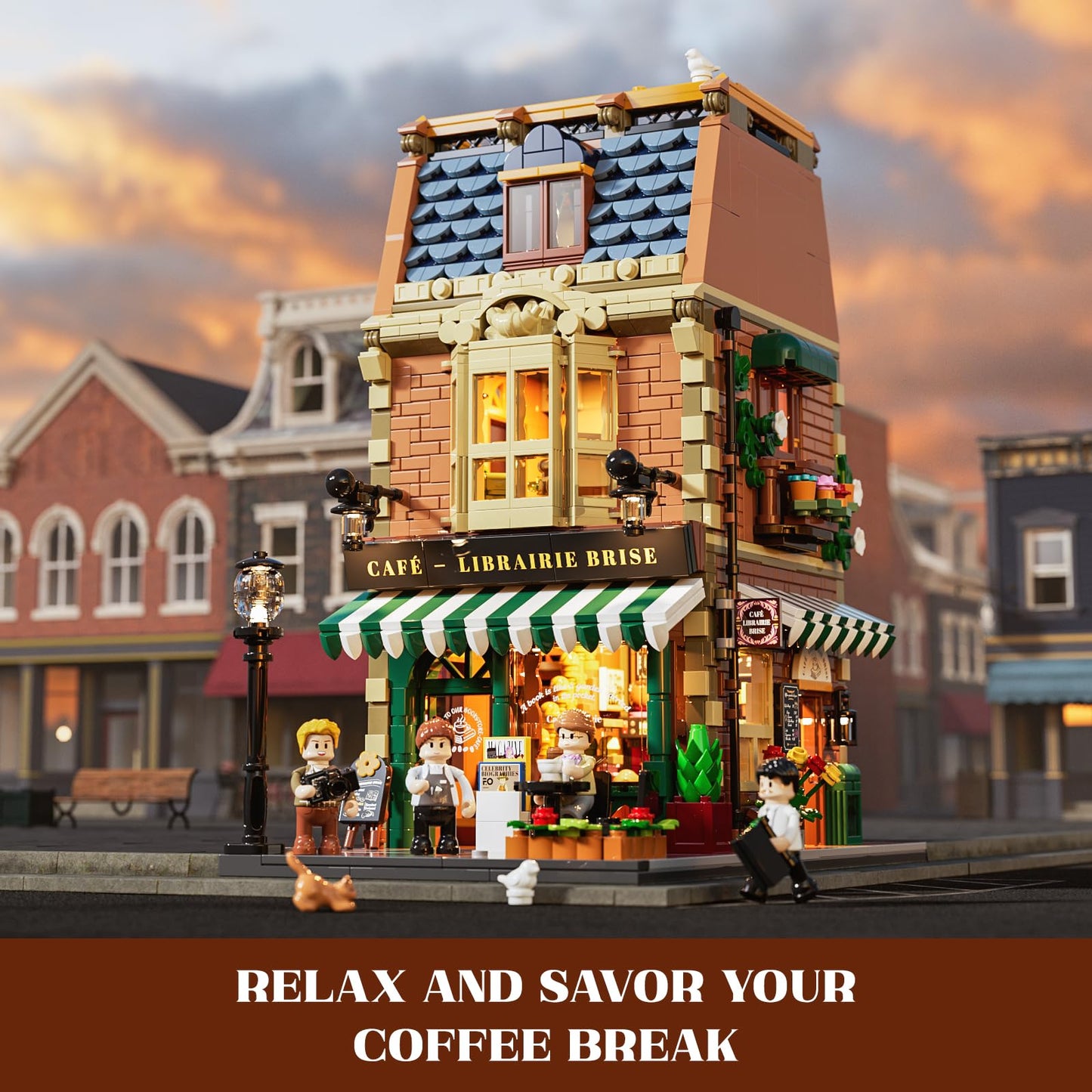 Funwhole Book-Cafe Lighting Building-Bricks Set - City Town Coffee House Led Light Modular Construction Building Model Sets 1718 Pcs For Adults And Teen