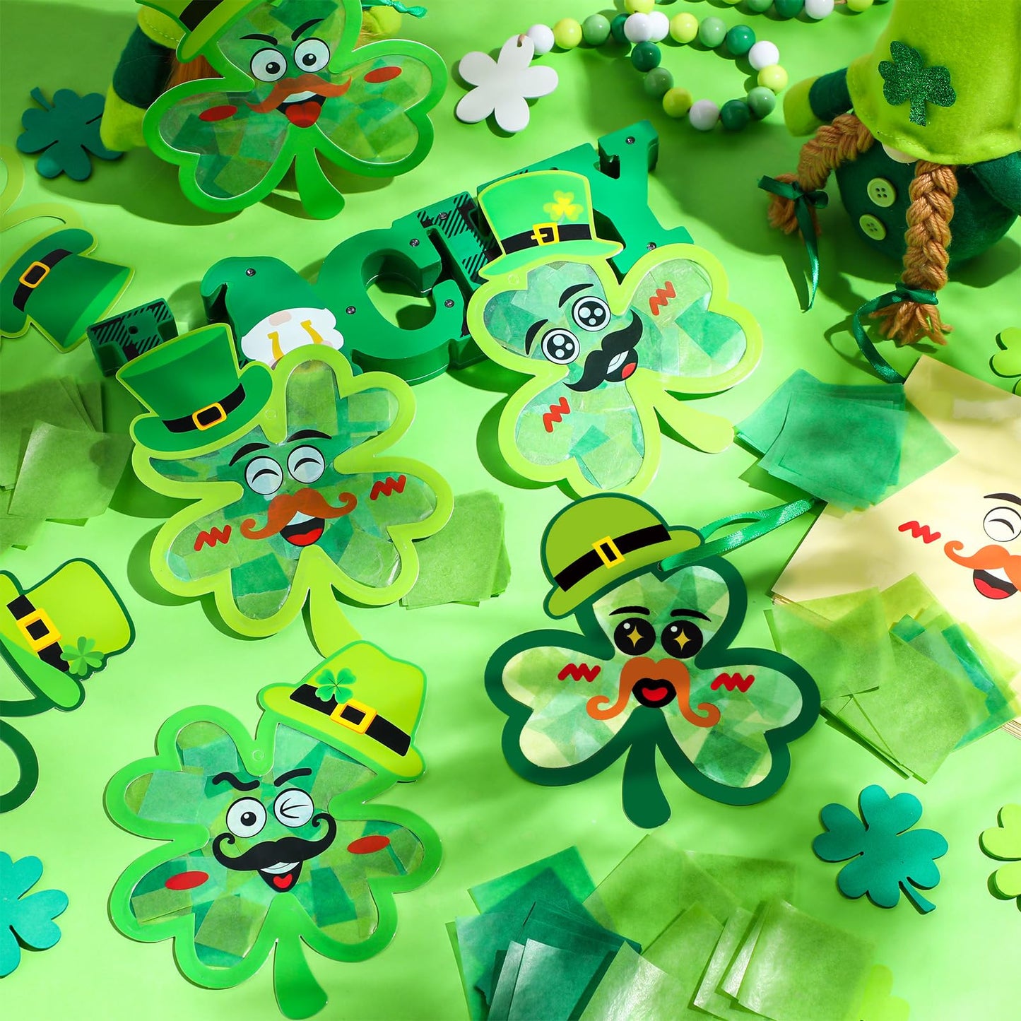 Tinlade 24 Pcs St Patricks Day Crafts Kit Lucky Shamrock Suncatcher Craft Irish Day Window DIY Tissue Paper Suncatcher Decoratio