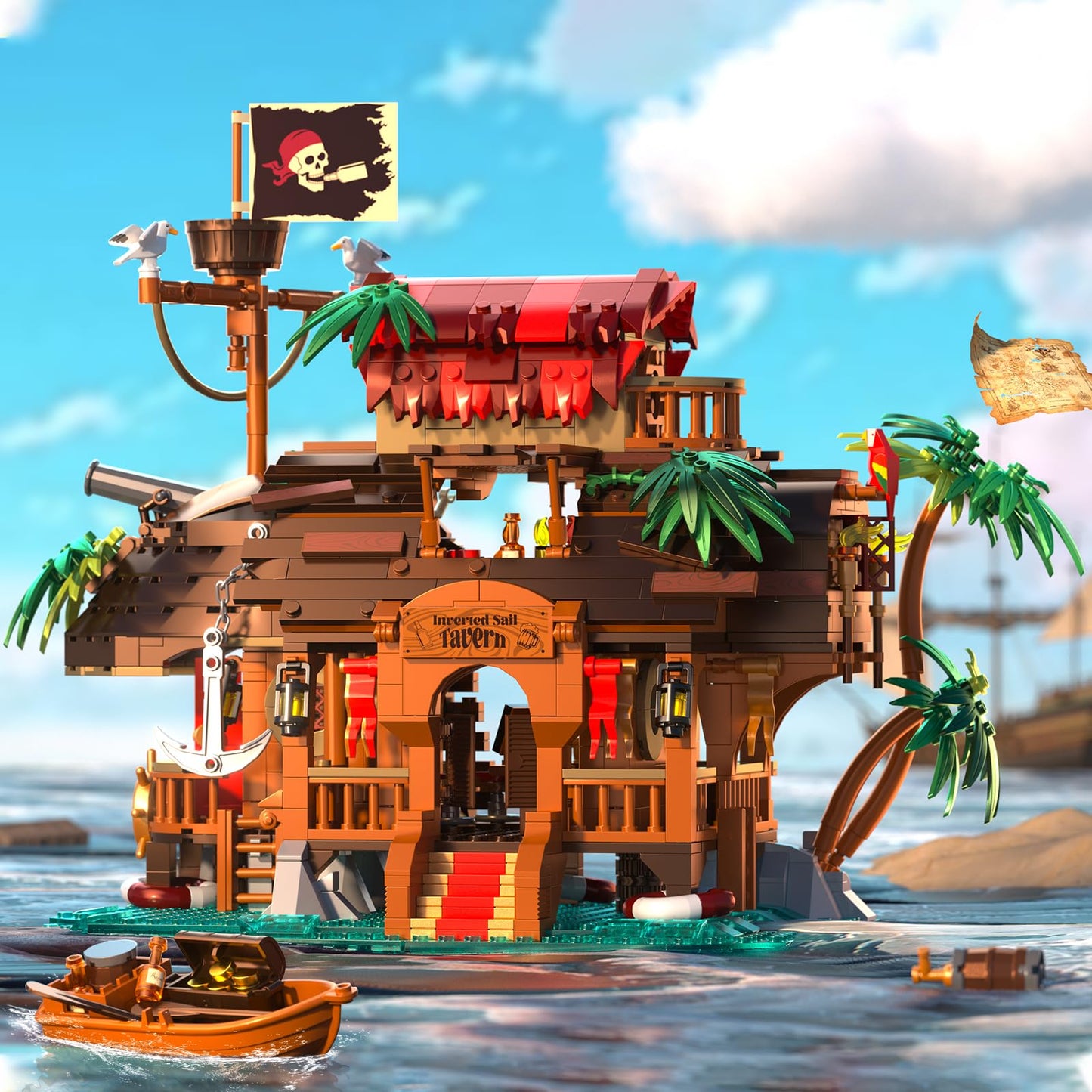 ONITUOFO Pirate Ship Tavern Building Set, 1312pcs Plastic Toy, Large Size, Blue & Red, Creative Gift for Ages 8-14, Home Office Decor
