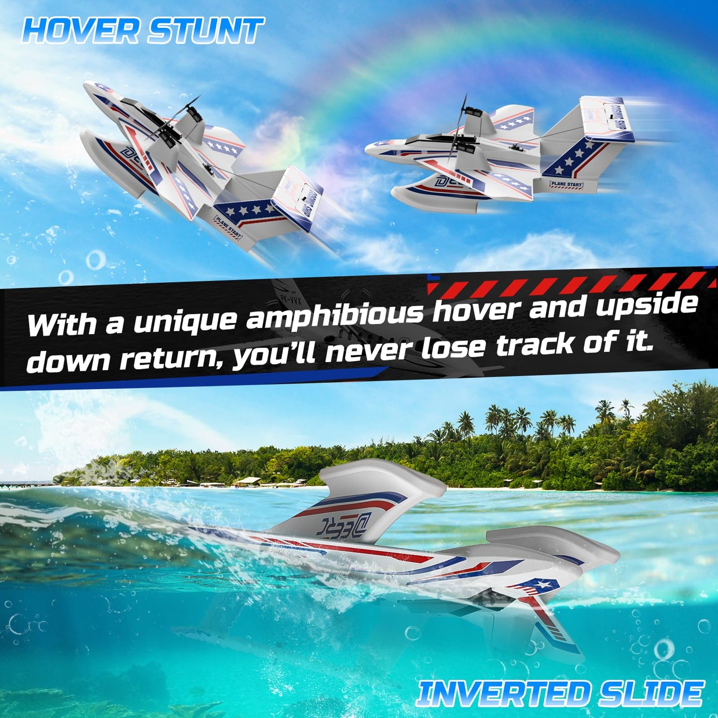 Deerc 3Ch Amphibious Rc Plane For Water, Land & Air, Remote Control Airplane Flying Boat Toys,2.4Ghz 6-Axis Gyro Stabilizer Rtf