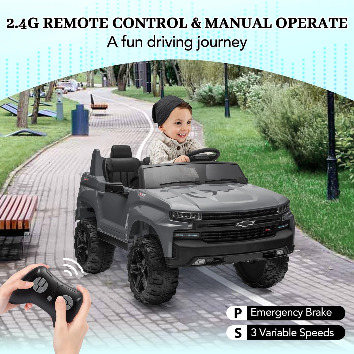 Hetoy 24V 2-Seater Truck Licensed Chevrolet Silverado Ride On Car Toy w/Parent Remote Control,4xSpring Suspension, 3 Speeds, Wir