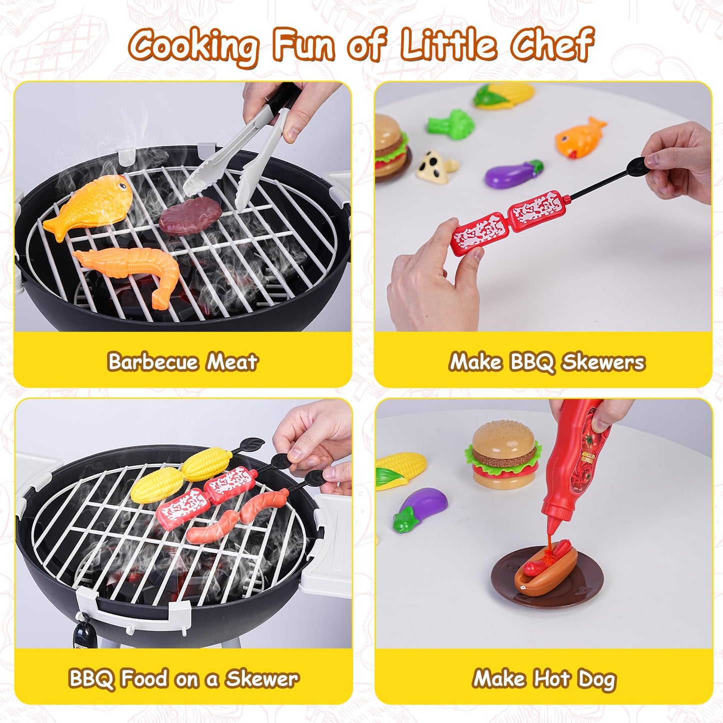 ITEFDTUTNE 35 PCS Cooking Toy Set, Kids Kitchen Toy, BBQ Grill Playset with Pretend Smoke, Outdoor Interactive Cooking Game Gift