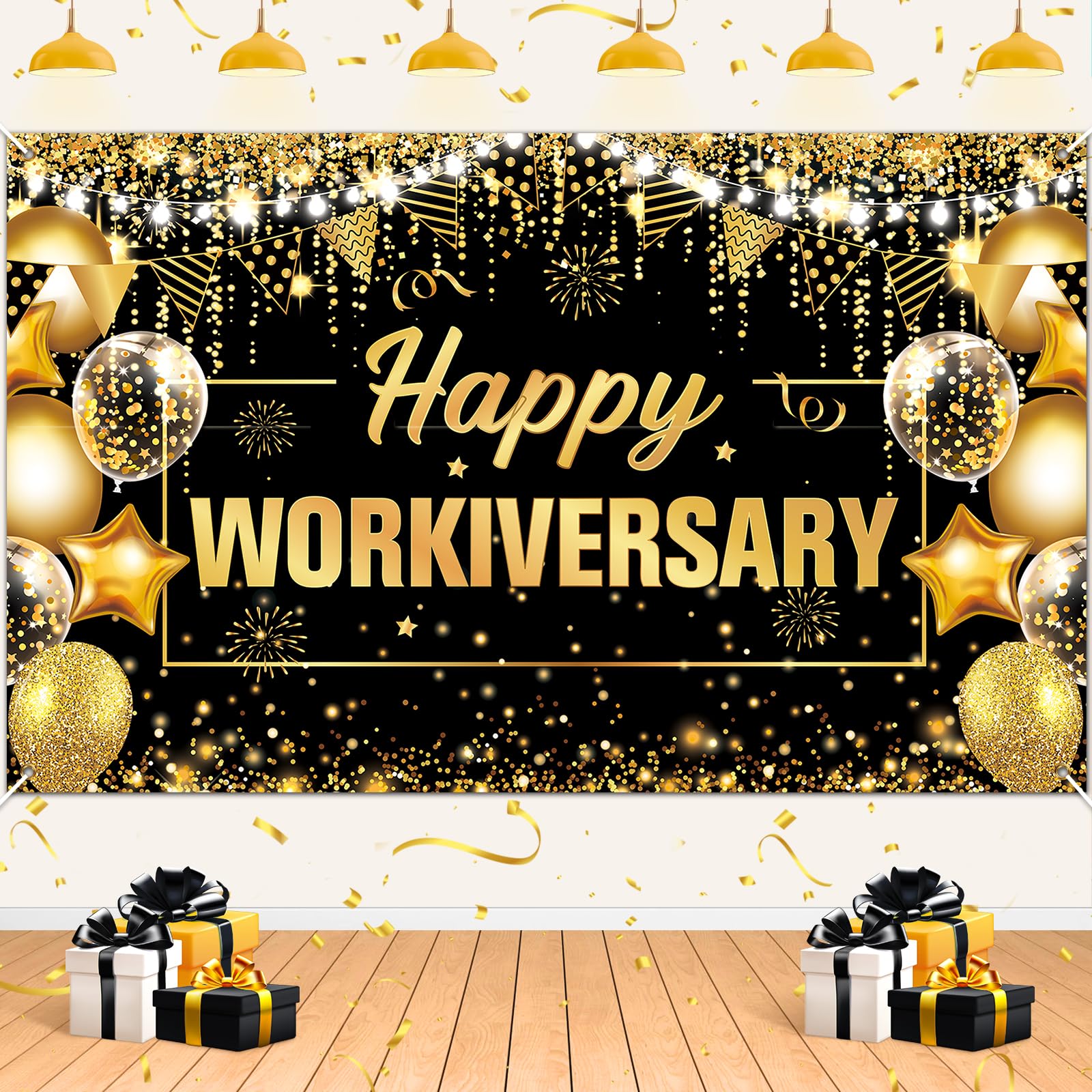 Happy Work Anniversary Decorations - Gold & Black Workiversary Banner Backdrop for Employee Appreciation