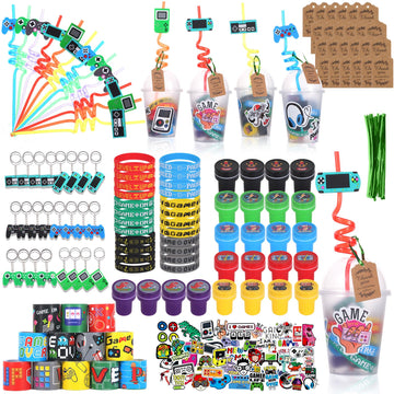 LiYiQ 292 Pcs Video Game Party Favors With Reusable Drinking Straws Cups Slap Bracelets Keychains Gift Tags Stamps Stickers and 