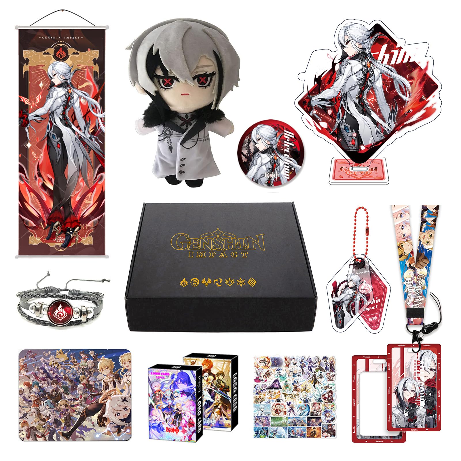 Motao Genshin Impact Box Arlecchino Merch Set - Plush Doll, Poster, Mouse Pad, Stand Figure, Bracelet, Badge, Keychain, Card Hol