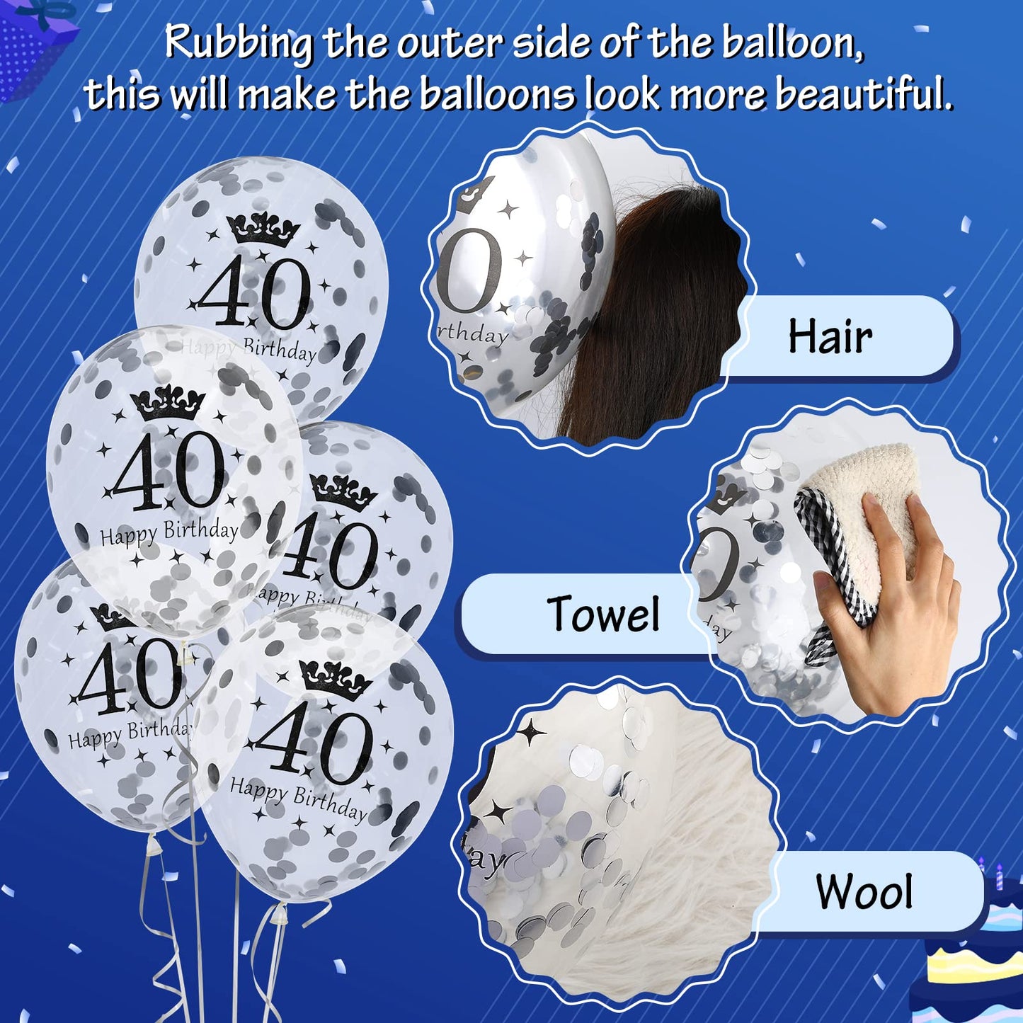 40Th Birthday Balloons Decorations, 15 Pcs Navy Blue Silver 40Th Happy Birthday Latex Inflatable Clear Confetti Balloon For Men Women 40 Anniversary Birthday Party Decor Indoor Outdoor Supplies12Inch