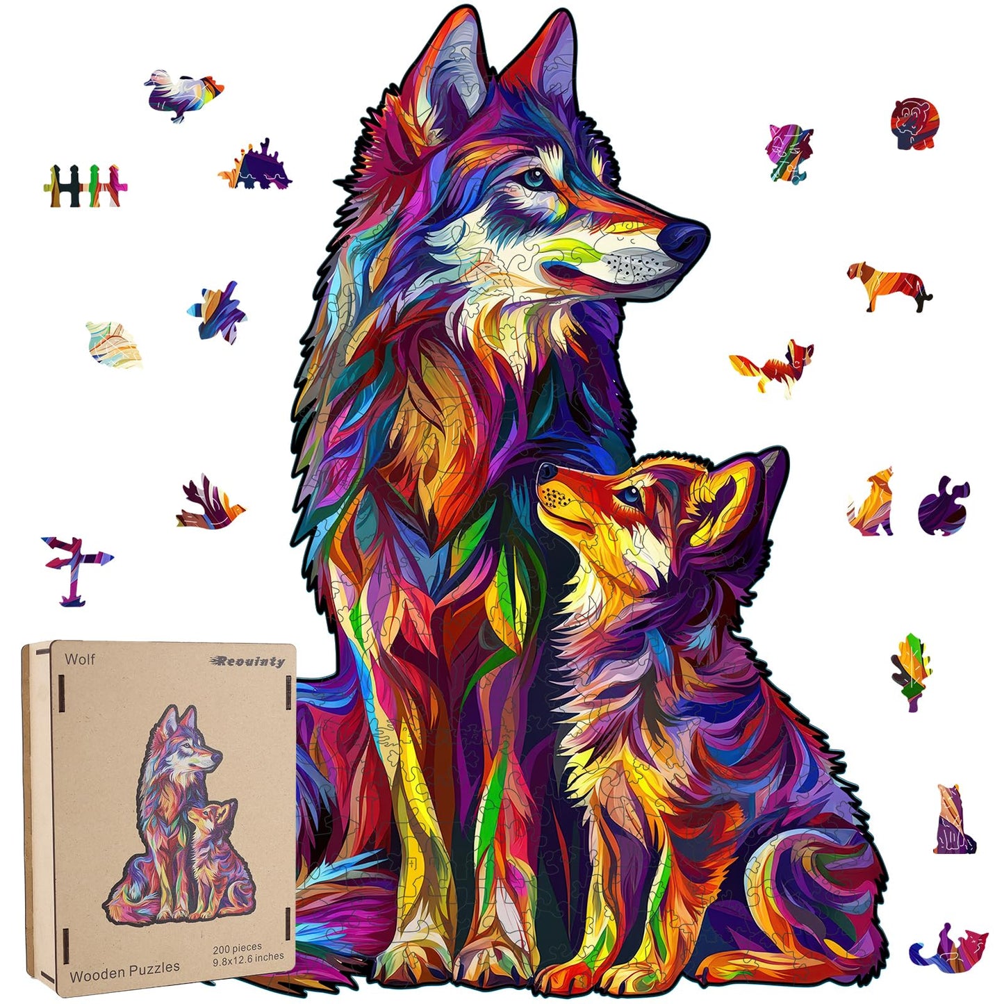 Wooden Puzzles for mature-themed  Wolf Family Jigsaw Puzzles 200 Pieces  Unique Shaped Animal Wood mature-themed Puzzle  Best Gifts for mature-themeds and Kids Family Games 9.8 * 12.6inches