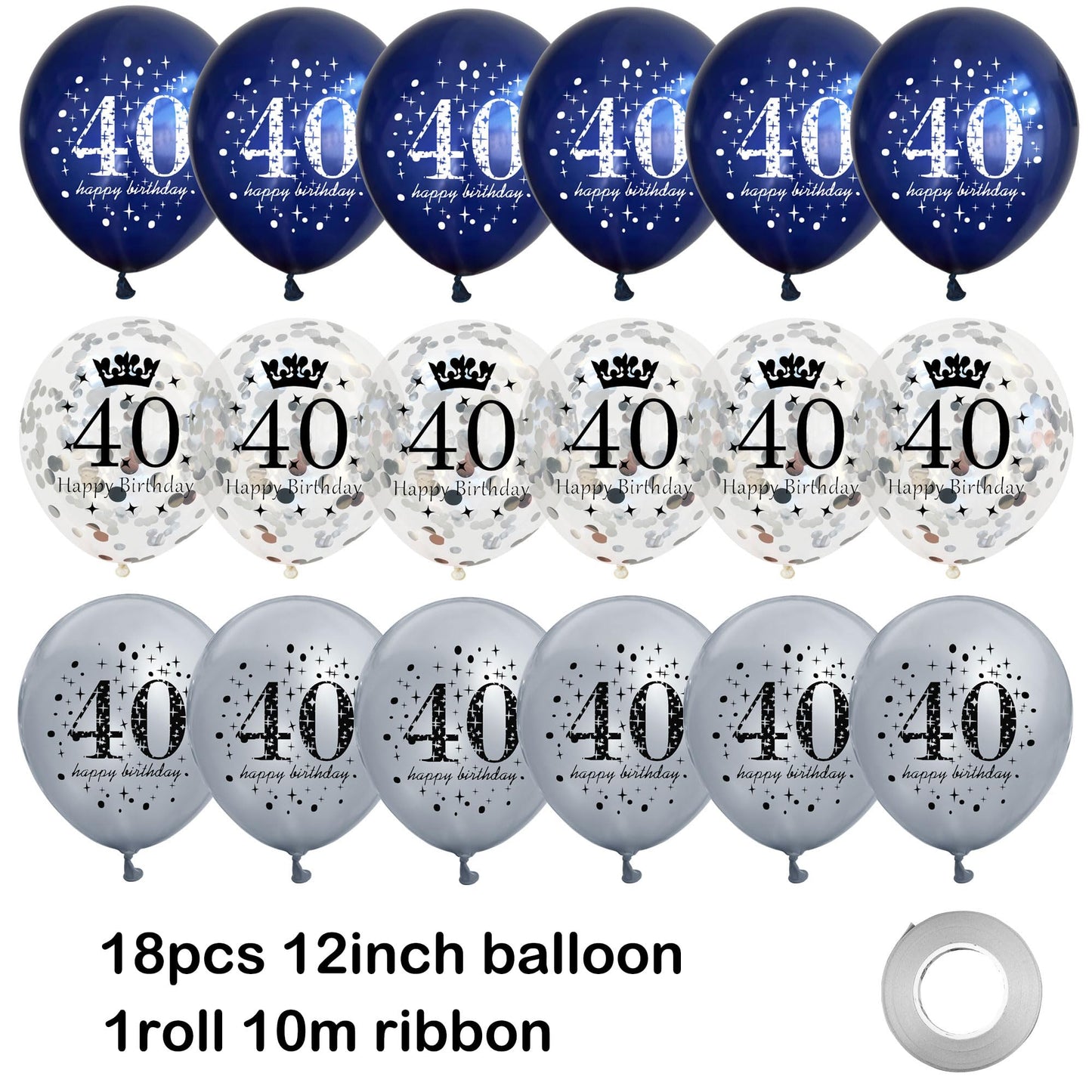 18Pcs Happy Birthday Balloons Decorations Navy Blue Silver 40Th Birthday Balloons Decoration Happy 40Th Birthday Confetti Latex