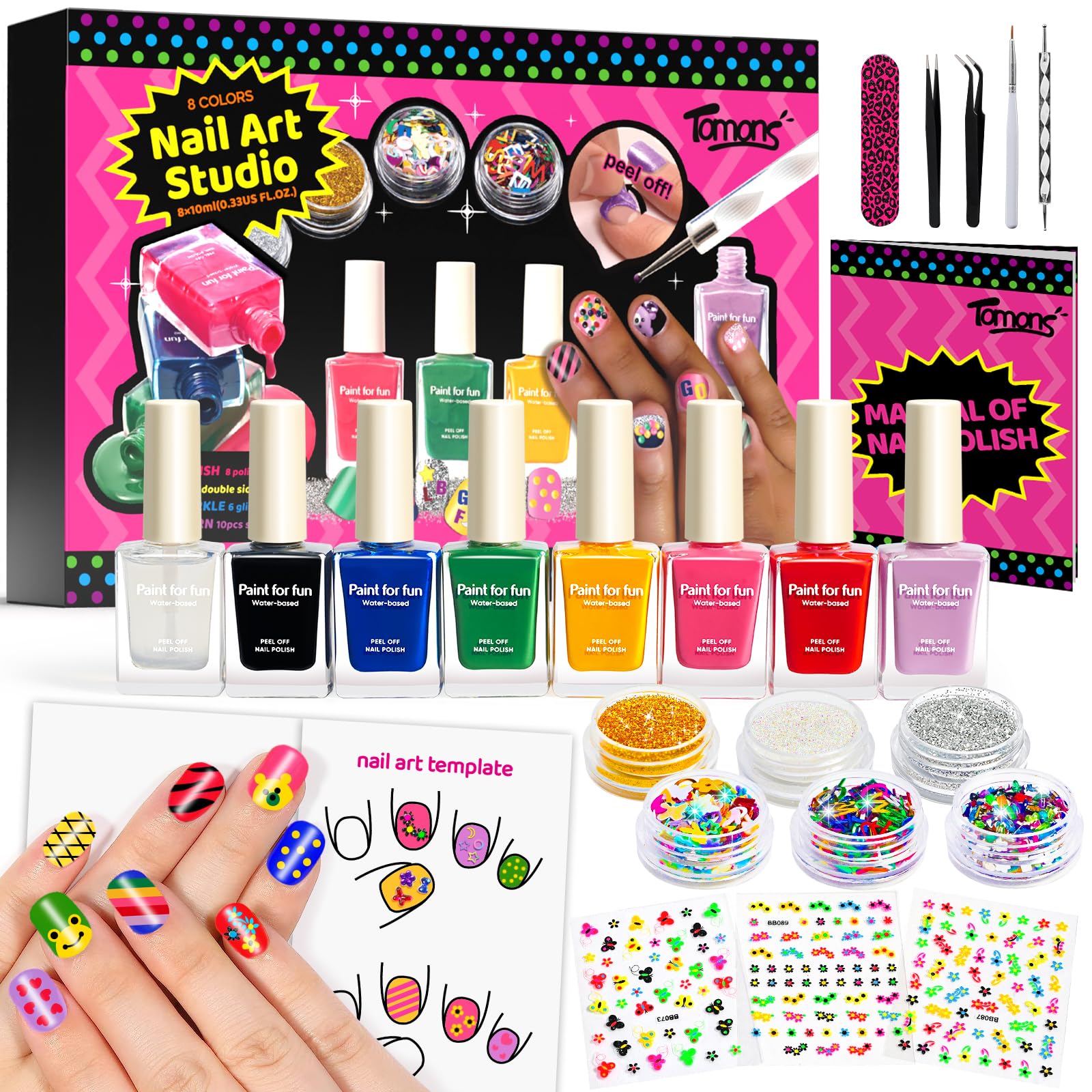 Tomons Nail Polish Set Non Toxic Kids Nail Polish Kit for Kids Ages 7-12, Birthday Gifts for 6 7 8 9 10 11 12 Year Girl, Glitter