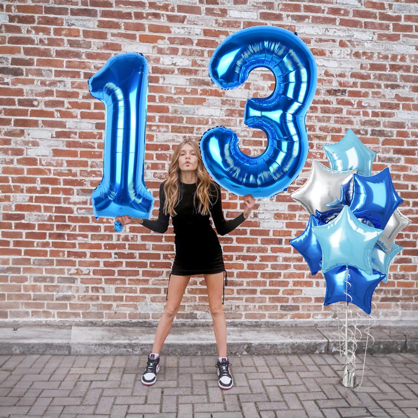 Dark Blue Foil Balloon Number 13, 40 Inch Giant Globos Azules Light Metallic Blue Mylar Balloon, Royal Blue Silver Star Self Inf