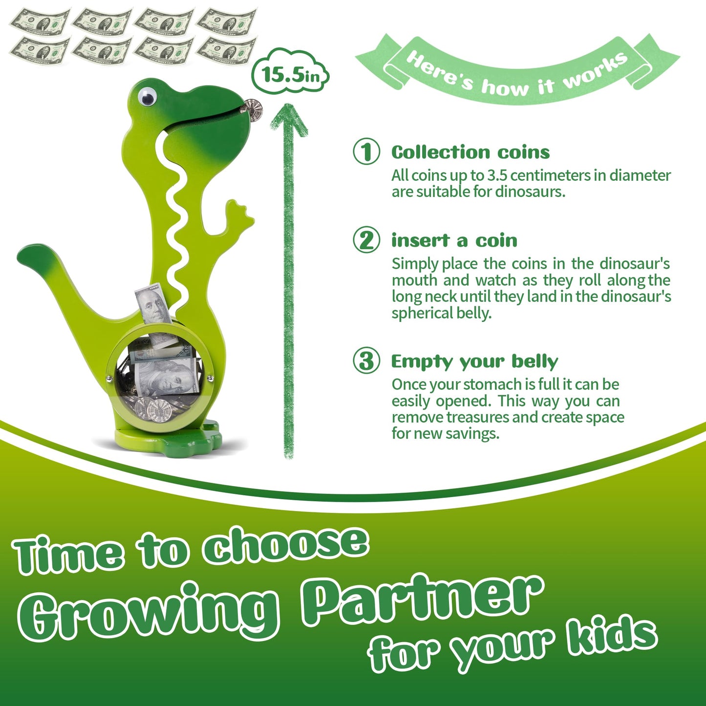 squacco Wooden Dinosaur Piggy Bank for Kids - Personalized Green Dino - One Size Money Saving Box