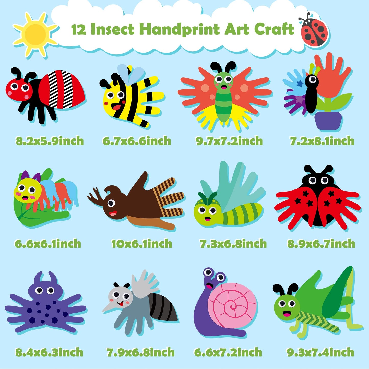 WATINC 12Pcs Spring Insect Handprint Art Craft Bug Crafts Butterfly Dragonfly Summer Springtime DIY Bug Kit Animal Themed Art Su