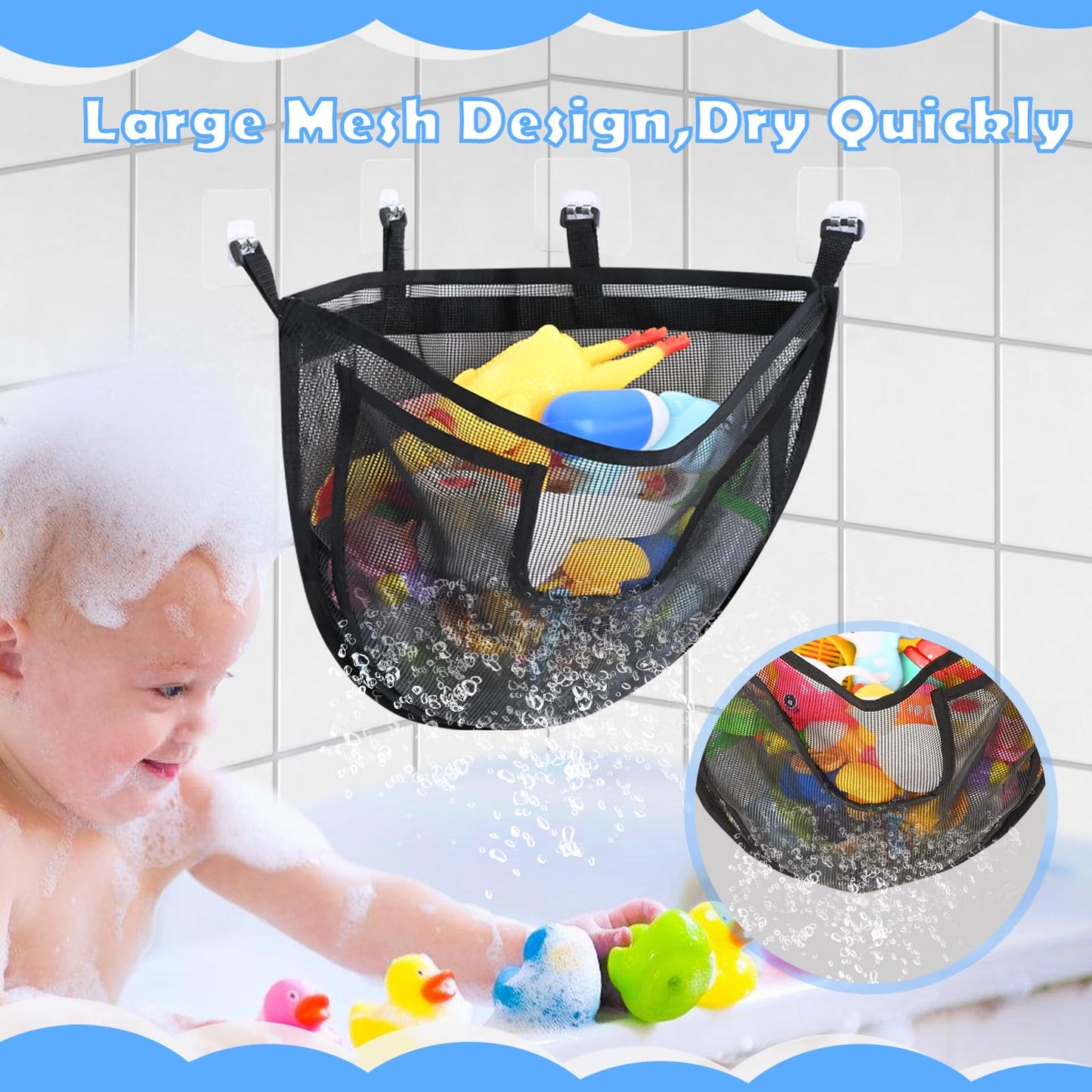 DOCMON Bath Toy Storage  Large Capacity Bath Toy Holder with Buttom Zipper  Quick Release Bathtub Toy Storage with Large Pocket  Corner Mesh Bath Toy Organizer Basket Bin for Bathroom Toys - Black