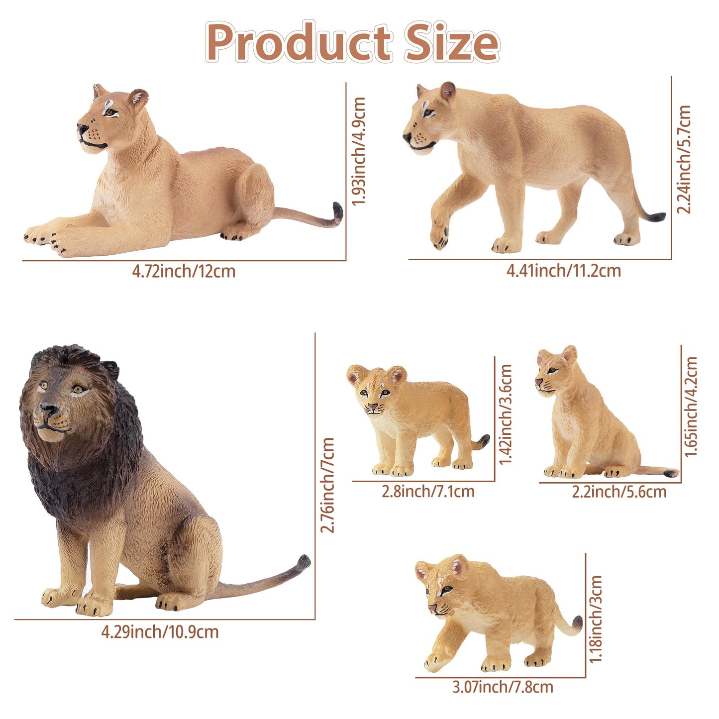 Toymany 6Pcs Realistic Lion Figurines With Lion Cubs, 2-5'' Jungle Animals Figures Family Set Includes Baby Lions, Educational T