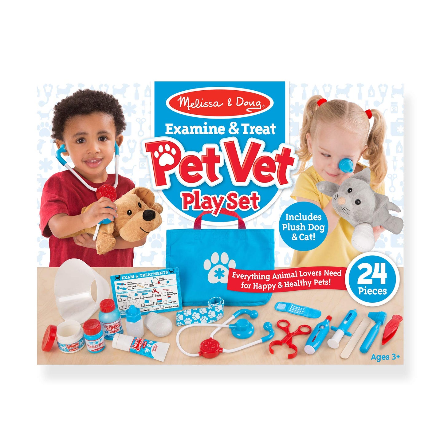 Melissa & Doug Examine and Treat Pet Vet Pretend Play Set with Plush Dog and Cat (24 Pcs) Kids Veterinary Play Set, Veterinarian