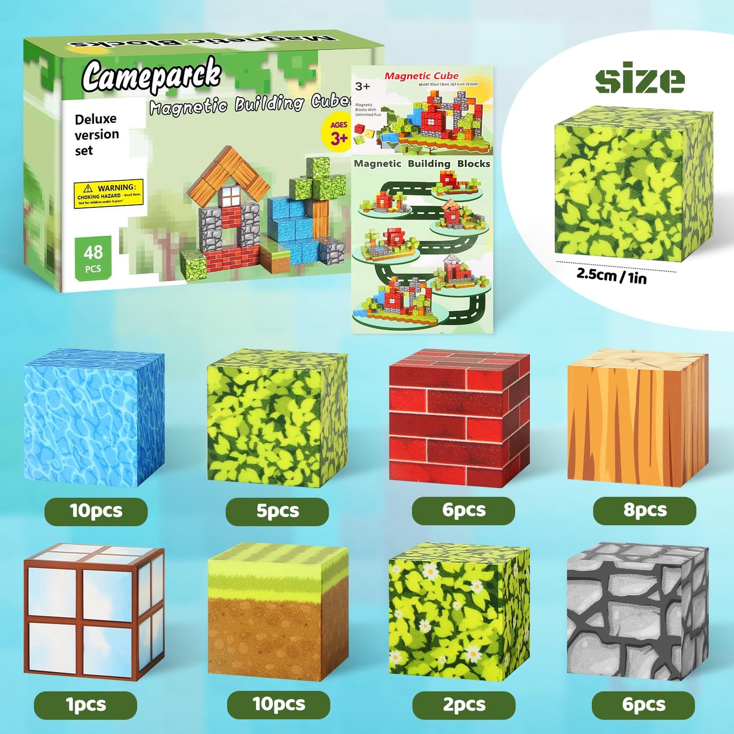 Cameparck Magnetic Blocks Building Toys  Magnetic Tiles STEM Montessori Sensory Toys for Kids Age 3+  Cubes Construction Toys Christmas Birthday Gifts for Boys & Girls - 48pcs(1 in)|Forest World