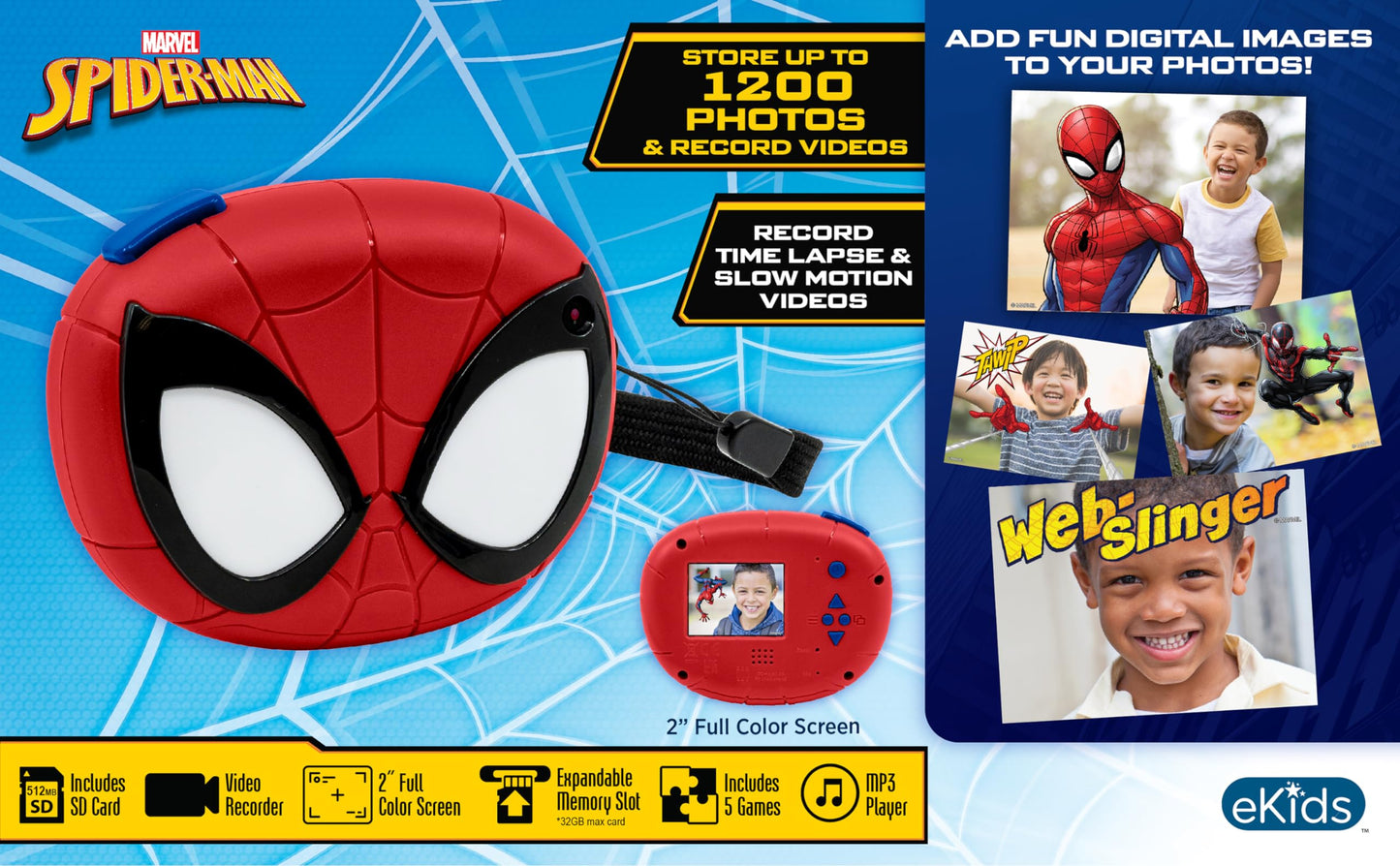 Ekids Spiderman Kids Camera With Sd Card, Digital Camera For Kids With Video Camera, Built-In Digital Stickers For Fans Of Spide