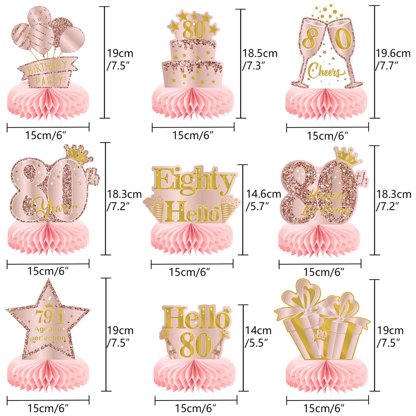 9Pcs 80Th Birthday Decorations Pink Rose Gold Honeycomb Centerpieces For Women,Happy 80Th Birthday Table Centerpieces Party Supp