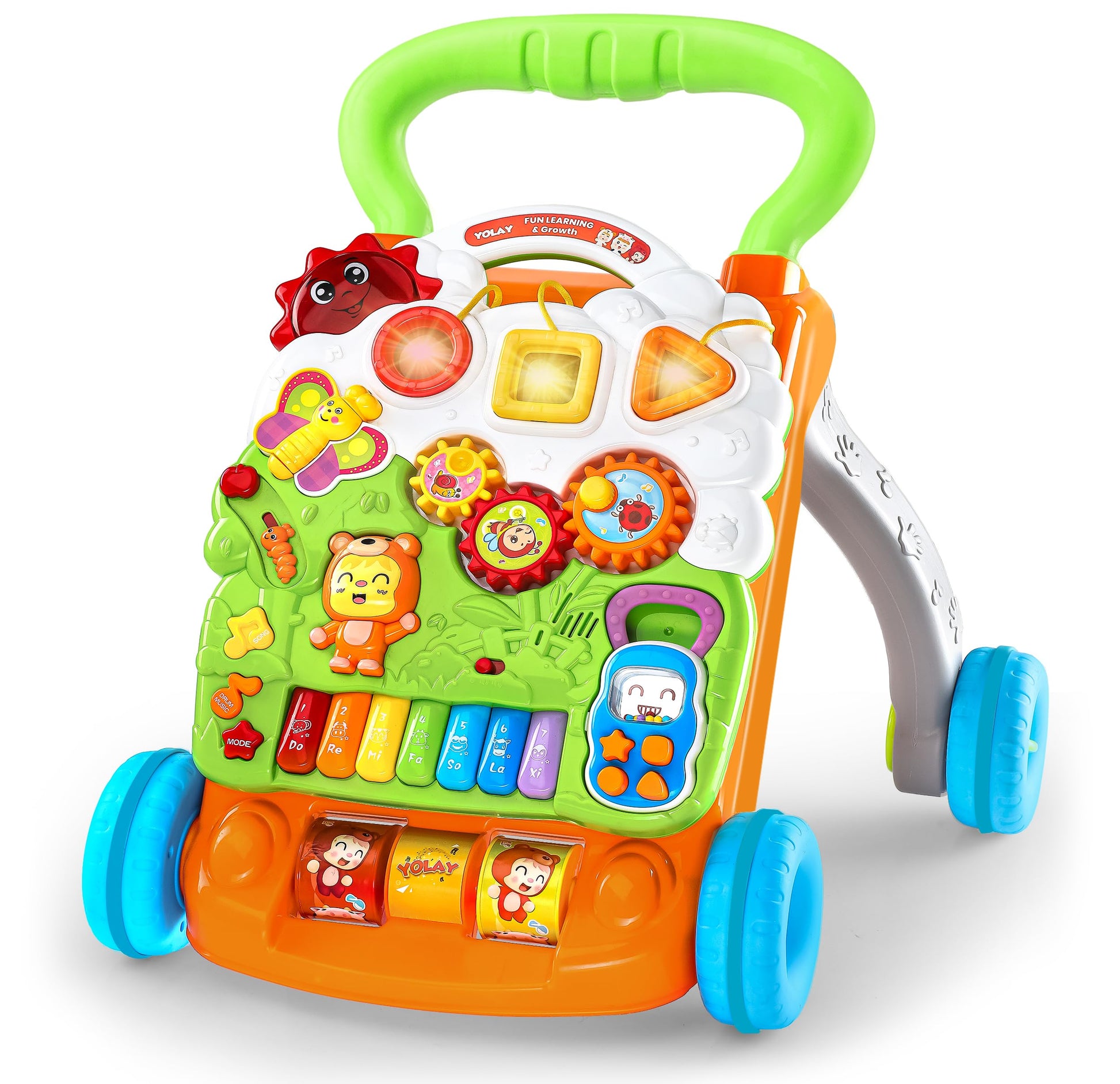 YOLAY Baby Walker Push Toy with Wheels, Sit-to-Stand Foldable Walker for Baby Boy and Girl 6-12 Months with Detachable Play Pane