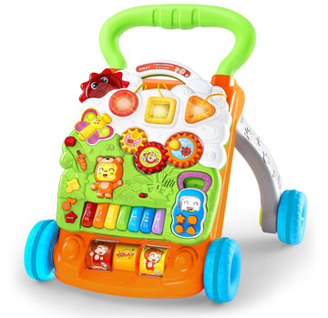 YOLAY Baby Walker Push Toy with Wheels, Sit-to-Stand Foldable Walker for Baby Boy and Girl 6-12 Months with Detachable Play Pane