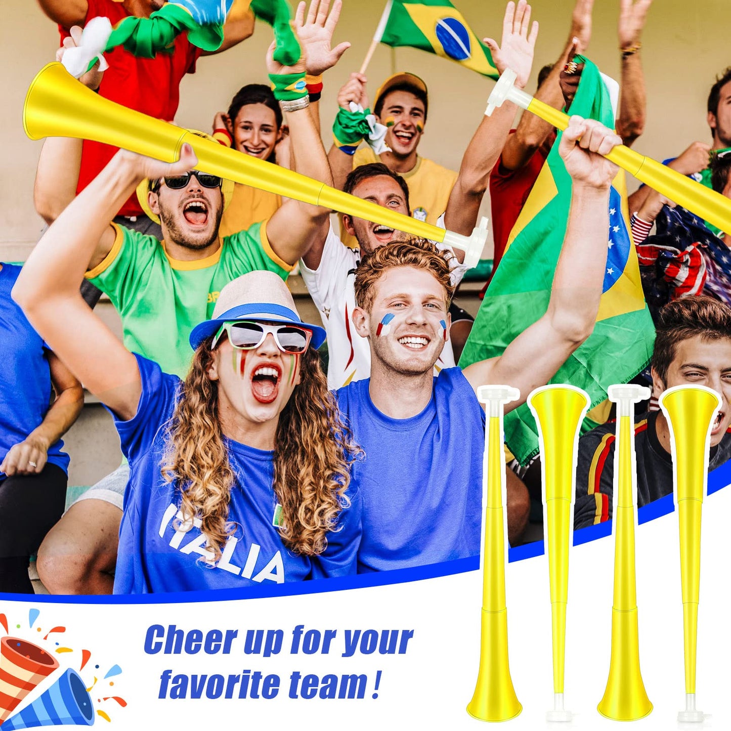 Sosation 4 Pieces Collapsible Stadium Horn 24 Inch Vuvuzela Plastic Trumpet Horn Blow Noisemakers For Sporting Events Graduation Games School Sports Party Supplies Favors Accessories(Yellow)