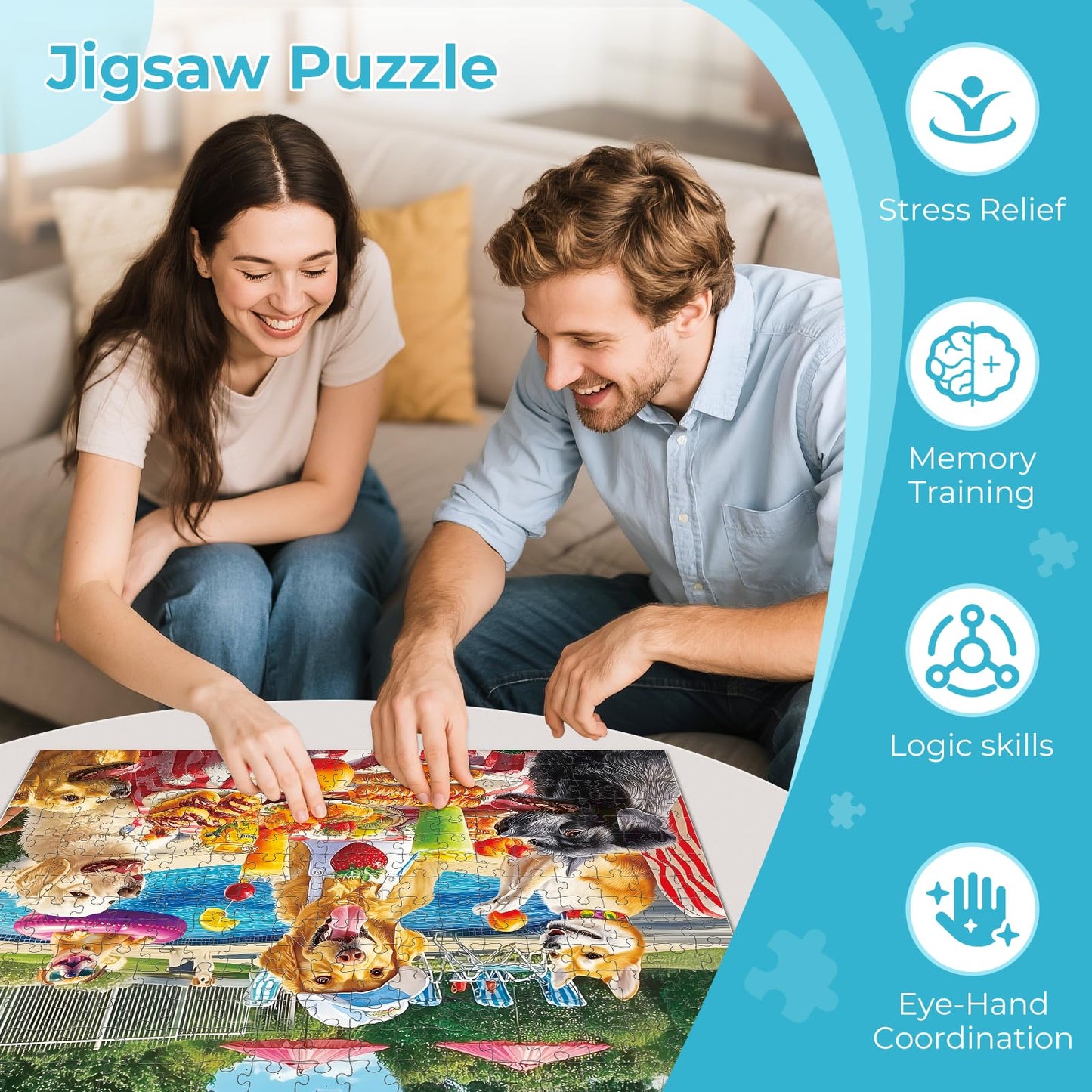 300 Pieces Puzzles for mature-themeds Summer Dog Pool Party & Food Puzzle Large Puzzles Pieces for Seniors Fun Puppy Jigsaw Puzzles for Kids Ages 8-10 Challenging Family Games Holiday Party Gifts 20.5 x 15 In