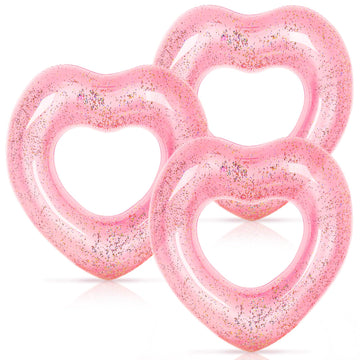 Whaline 3Pcs Inflatable Heart Pool Float With Glitter Inside Rose Gold Swim Pool Rings Float Loungers Tube For Summer Pool Beach