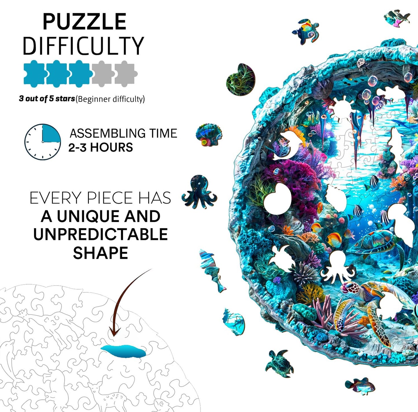 Jigfoxy Wooden Puzzle for mature-themeds  3D Visual Ocean Wooden Jigsaw Puzzles for mature-themed  Unique Animal Shape Wood Cut Puzzles  Christmas Thanksgiving Gifts for Friends Family (S-8.5 * 8.5in-100pcs)