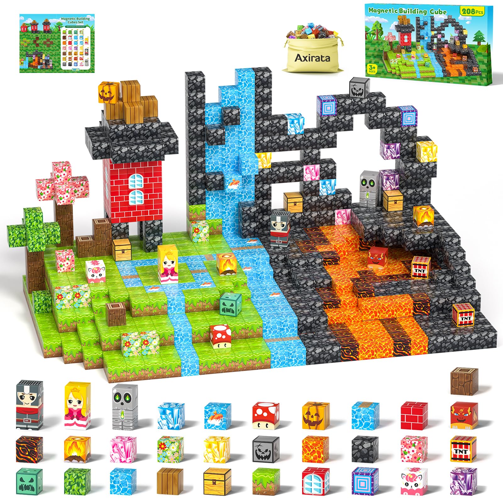 Axirata 208 Pcs Magn-Etic Building Blocks, Magn-Etic Block Building Cubes Set For Kids Toddlers Ages 3+, Stem Sensory Toys Mag-N