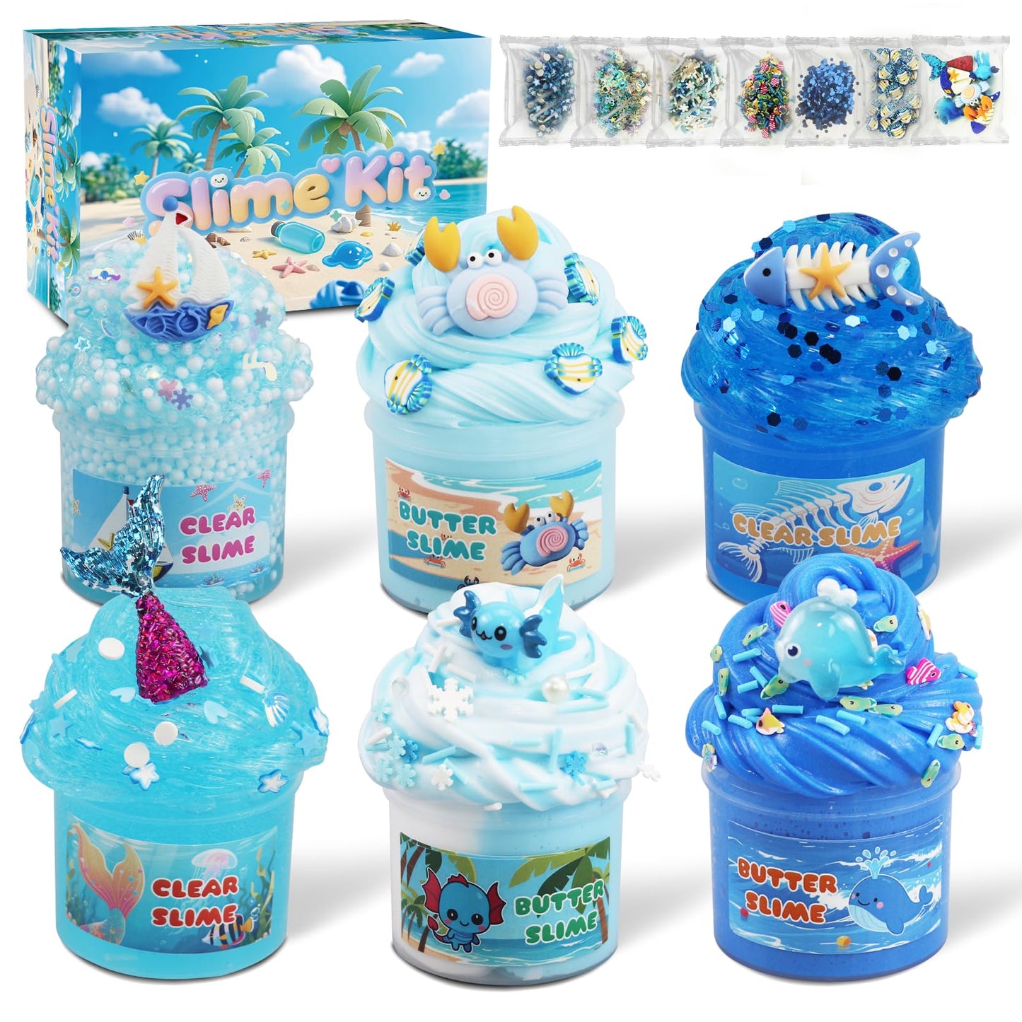 6-Pack Blue Slime Kit for Kids  Soft Butter Slime  Stretchy  Non-Sticky Clear Slime  Birthday Gift & Cute Slime Party Favors for Boys Ages 3+ (Blue)