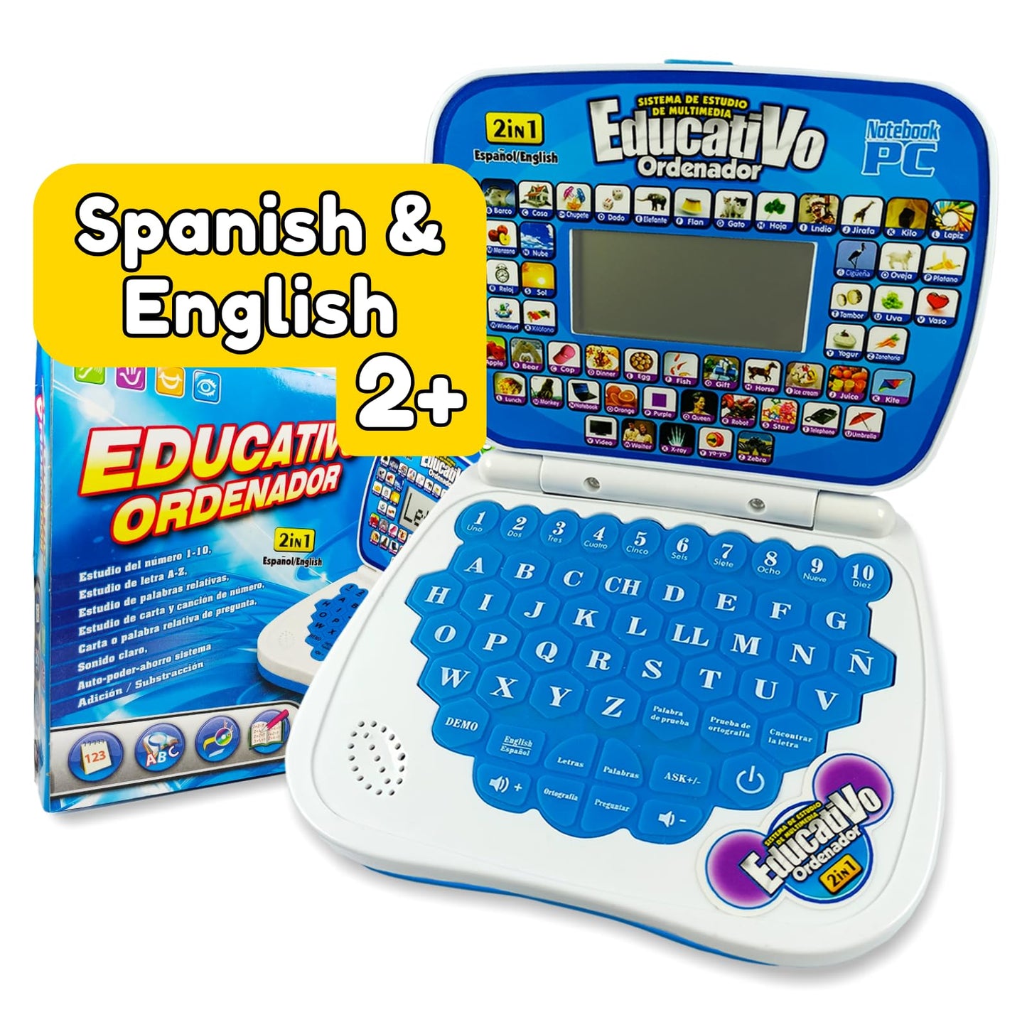 Zeenkind Spanish & English Small Talking Laptop Toy For Kids 2 3 4 Years Old, Learn Spanish Alphabet Numbers Words Spelling Math, Interactive Bilingual Learning Laptop Toys For Toddlers