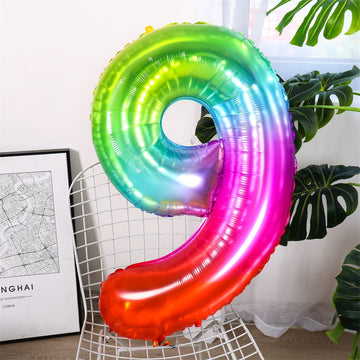 IOOYEE Number 9 Balloon - 40 Inch Giant Rainbow Mylar Foil Balloon for 9th Birthday Decorations and Party Supplies