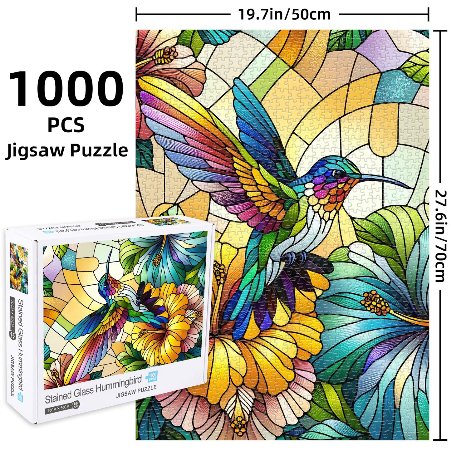 Hummingbird Puzzles for mature-themeds 1000 Pieces  Stained Glass Impossible Jigsaw Puzzle for mature-themeds  Hard Challenging Bird Puzzles 1000 Pieces Games  Leisure Puzzle Games for mature-themed Suitable Family Friends