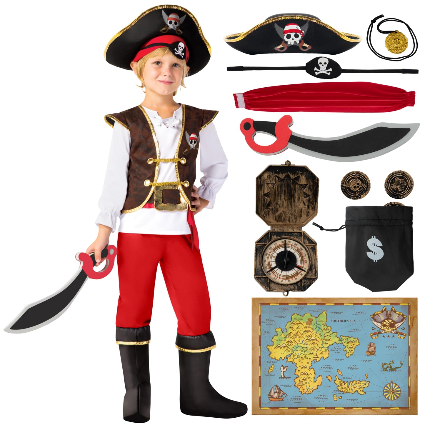 Spooktacular Creations Halloween Pirate Costume Kids  Red Boys Pirate Costume Deluxe Set with Accessories for Toddler Halloween DressUp  Themed Party (3T  3-4 yrs)