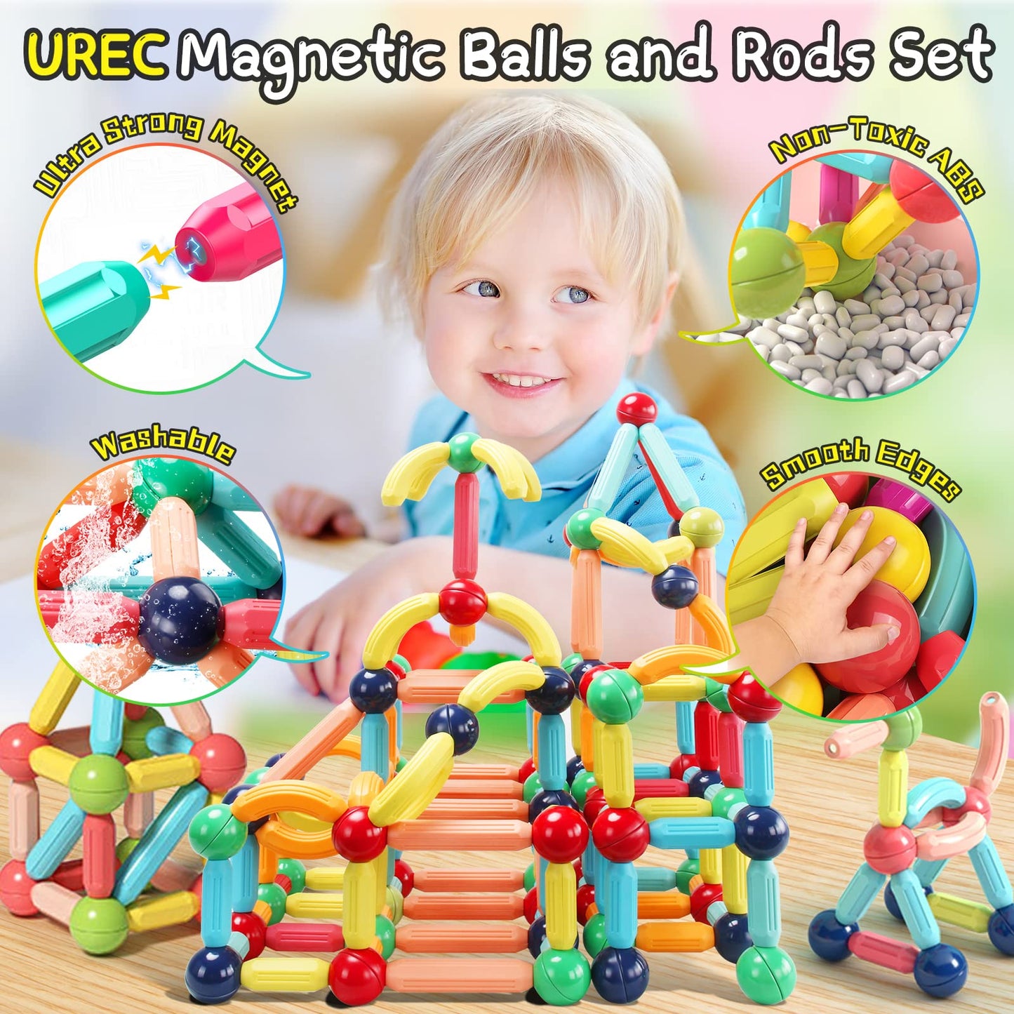 Urec 64Pcs Magnetic Building Blocks, Montessori Magnet Toys For Toddlers, Stem Learning Toys For Boys And Girls, Creativity Kids Games, Abs Material, Non-Toxic, Ages 3+, Mgb-64