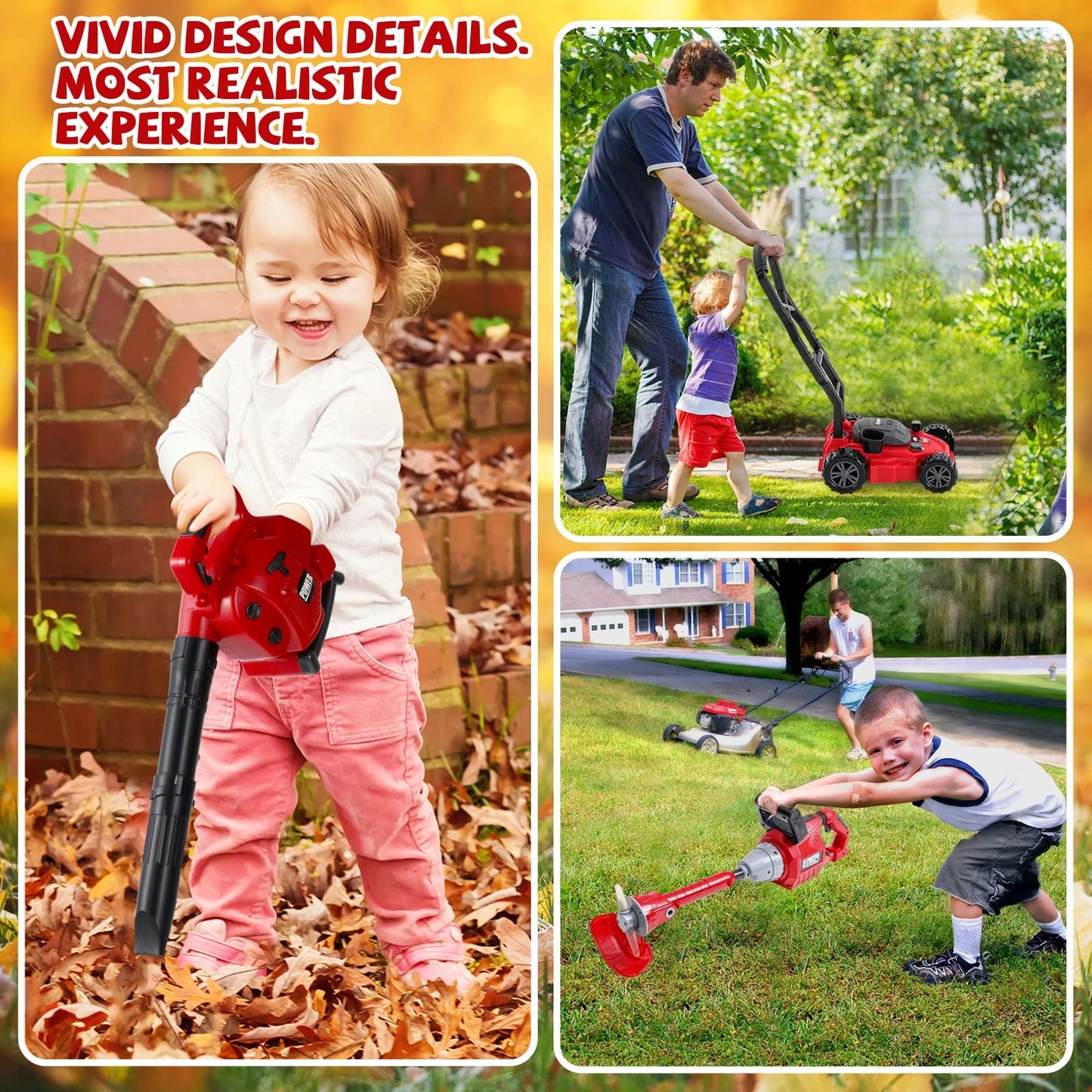 Arrowbash 4 Pcs Toy Gardening Tool Set for Kids Toy Leaf Blower  Trimmer Hedge Trimmer Push Lawn Mower Battery Play Set Christmas Birthday Party Gift for Boys Girls