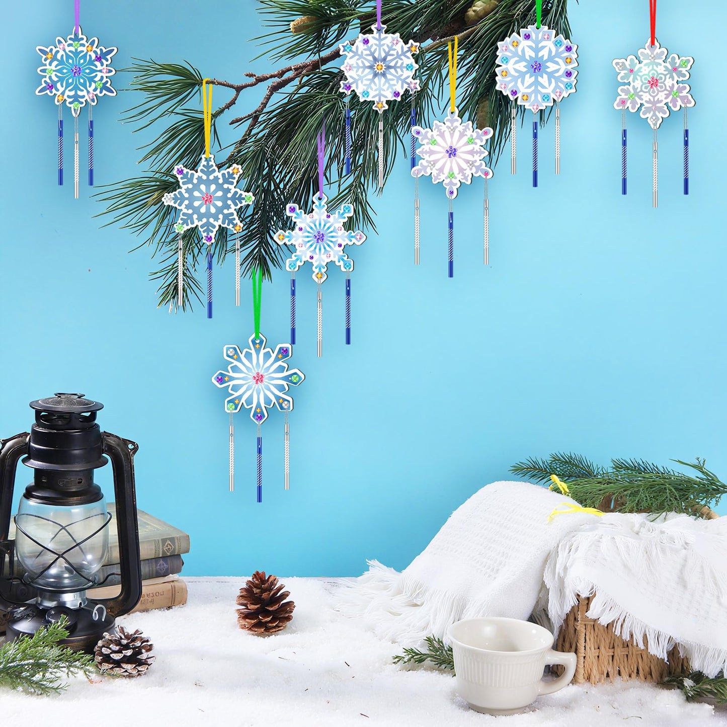 JellyArch Winter Snowflake Wind Chime Making Kit - 30 Pack DIY Wooden Ornaments for Kids - Multicolor - Small