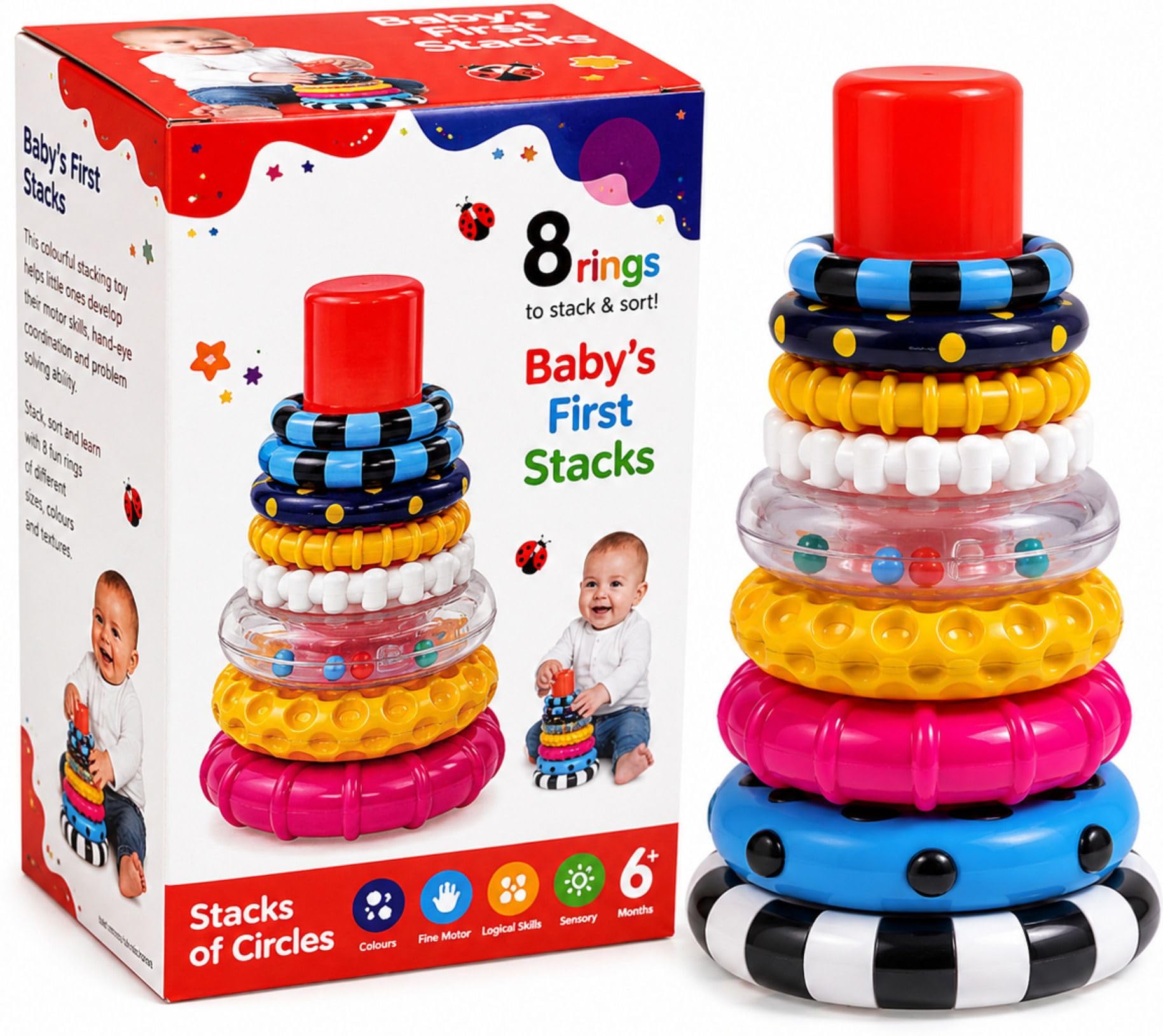Rad Cartel Baby Stacking Rings Toy, 8Piece Colorful Textured Ring Stacker For Babies 6+ Months, Early Learning Montessori Senso