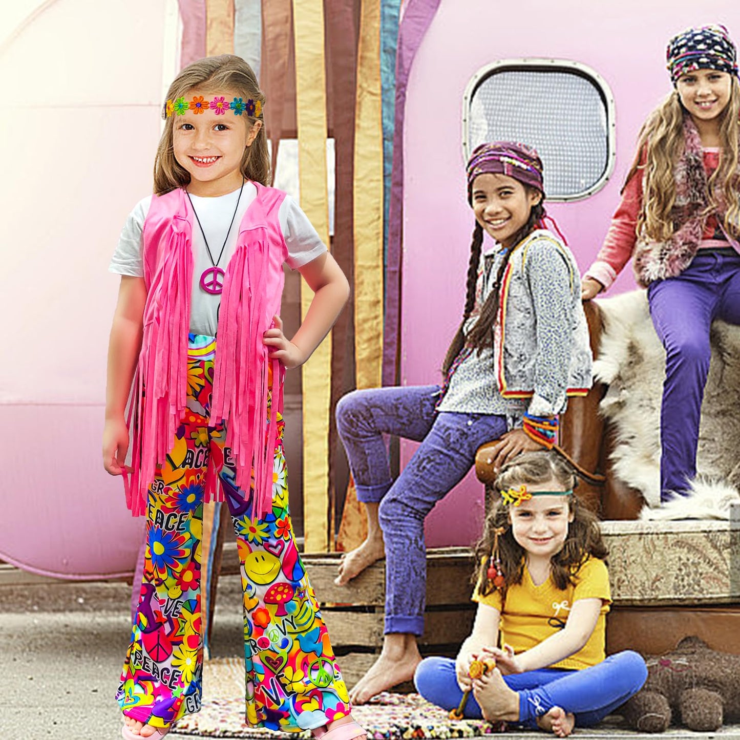 Xonyicos 8 Pcs Girls Kids 60S 70S Hippie Costume Disco Outfits Fringe Vest Boho Bell Bottoms Hippie Outfits Accessories Set (Pea