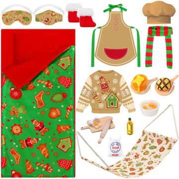 Kacctyen 12 Pcs Sleeping Bag Elf Doll Baking Theme Christmas Accessories Includes Christmas Doll Sleeping Bag Bathrobe Apron Che