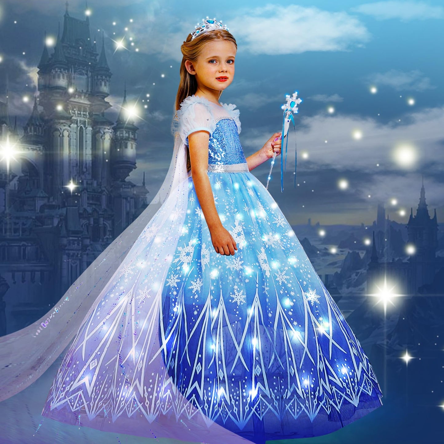 Ciyti Light Up Girls Halloween Costume Snow Princess Dress Ice Christmas Costumes Toddler Kids Costume With Accessories, Blue