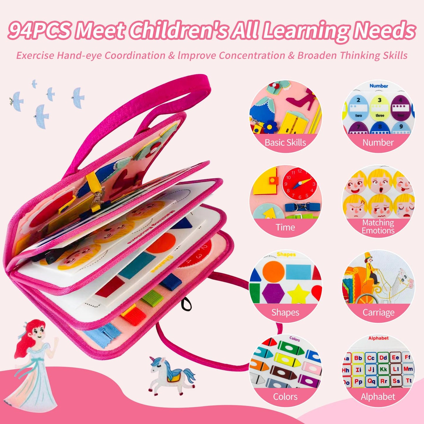 Montessori Busy Board For Toddlers 1-3 Years Sensory Activity Board With Zipper, Buckle, Laces - Educational Travel Toy, Learnin