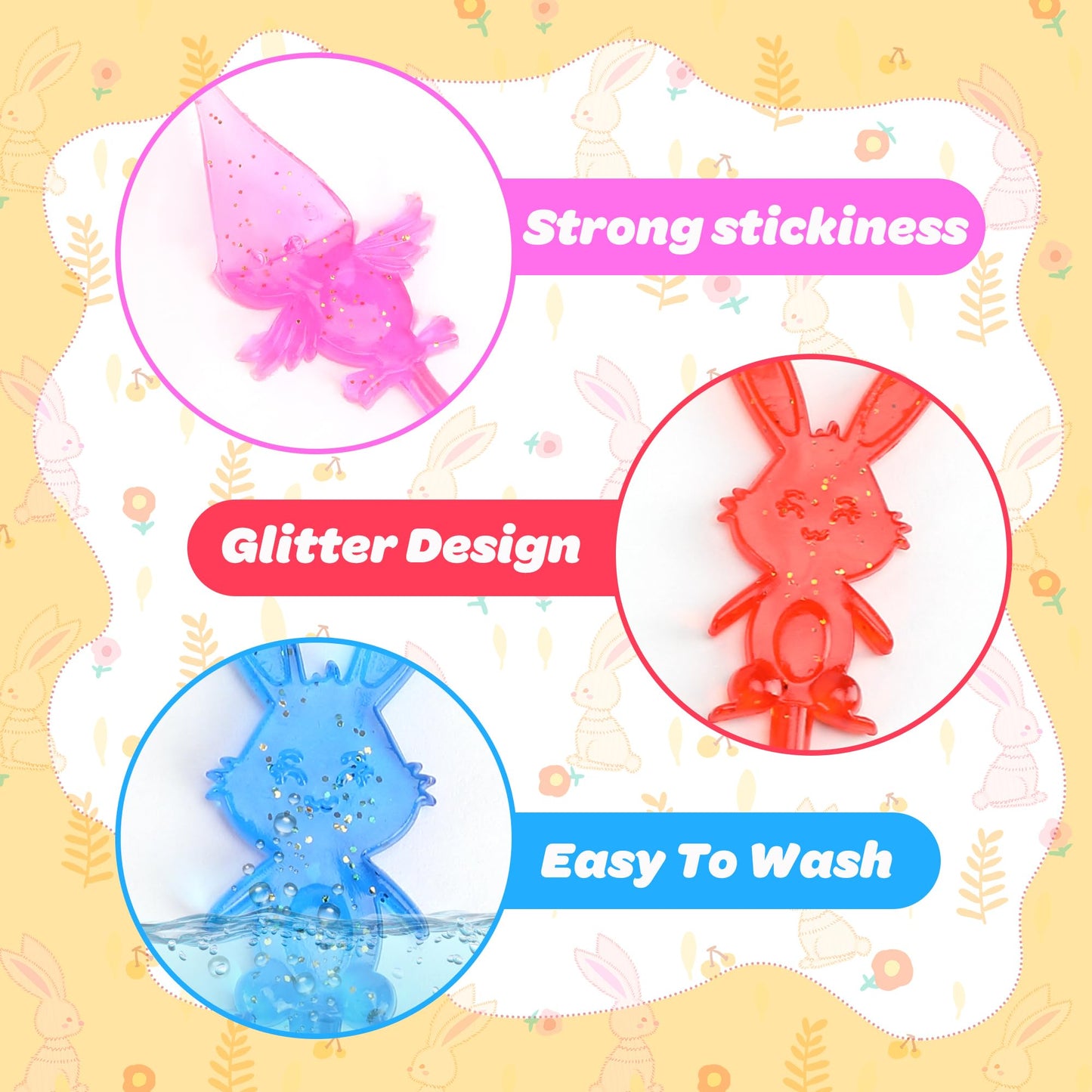 codree 50 Pcs Glitter Easter Sticky Hands Toys, Bunny Chick Stretchy Sticky Hands, Easter Themed Sensory Toy for Kids