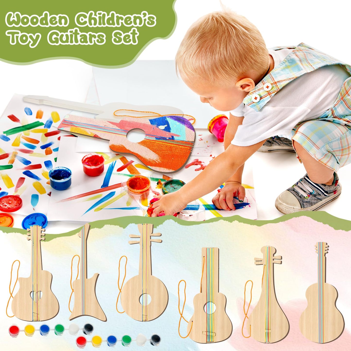 Syhood 36 Pcs 18 Sets DIY Wood Guitar for Kids (6 Difference Designs) with Pigments (6 Colors), Christmas Kids Gift for Boys Gir