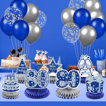 RUMIA 8Pcs Navy Blue & Silver 80th Birthday Table Honeycomb Centerpieces - Happy 80th Birthday Decorations for Men & Women Party Supplies