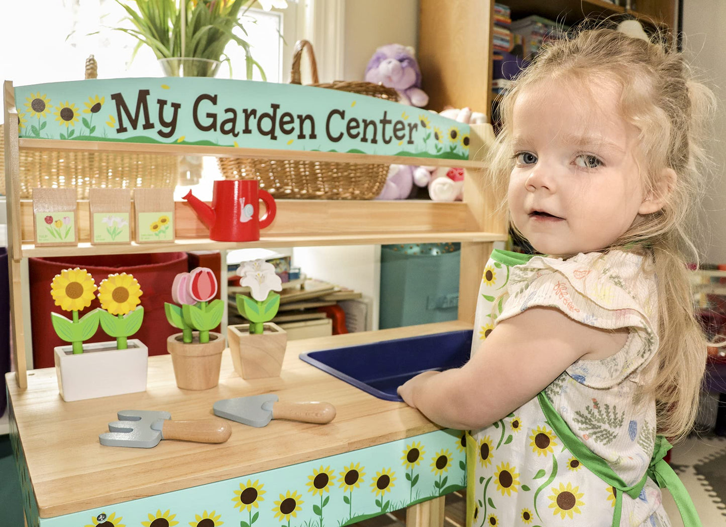 Svan Wooden Toy Gardening Center Indoor Playset - 22 Pc Garden Stand Set W Flowers, Seed Packets, Pots, Shovel Rake Apron Watering Pot- Great Interactive & Fun Pretend Playtime, Gift For Boys Girls