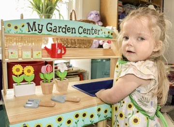 Svan Wooden Toy Gardening Center Indoor Playset - 22 Pc Garden Stand Set W Flowers, Seed Packets, Pots, Shovel Rake Apron Watering Pot- Great Interactive & Fun Pretend Playtime, Gift For Boys Girls