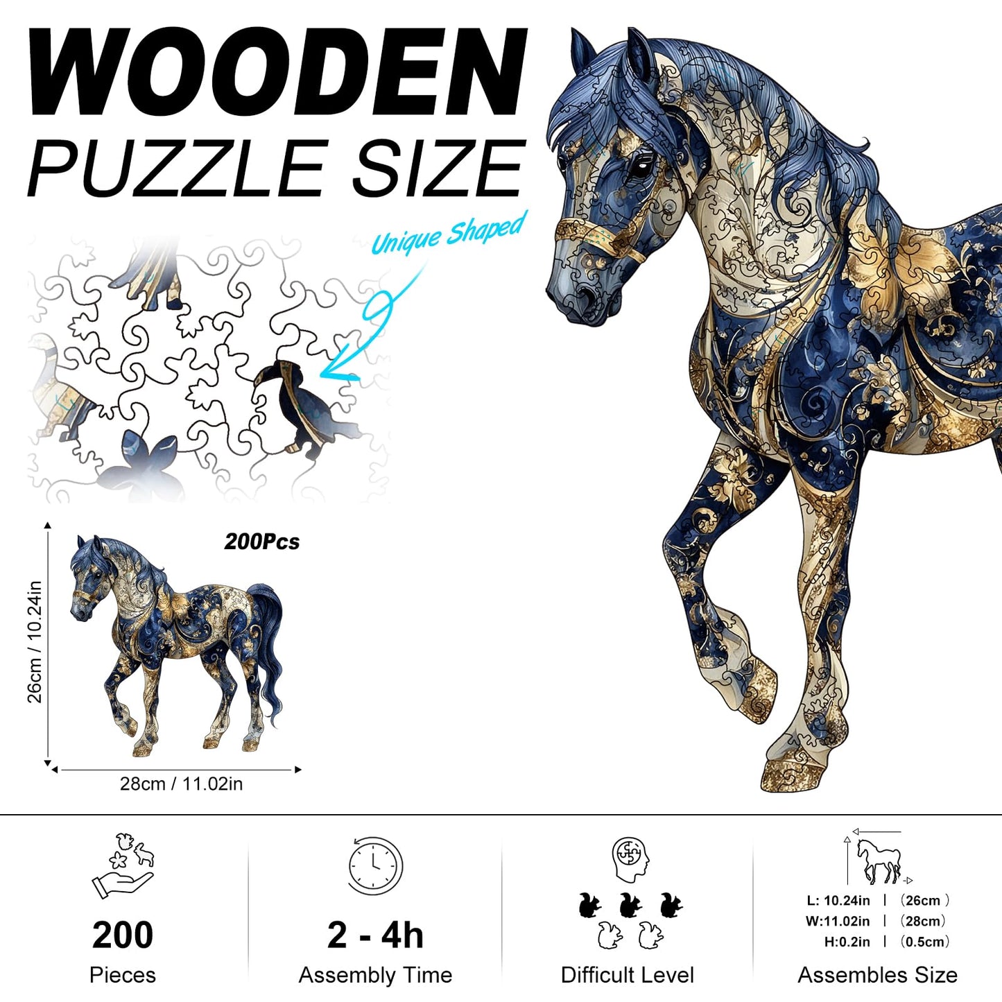 Horse Wooden Puzzles for mature-themeds  200pcs Wooden Jigsaw Puzzles for mature-themeds  Horse Unique Shaped Jigsaw Puzzles Creative Gift for Friend Family Game Medium Size 10'' x 11''