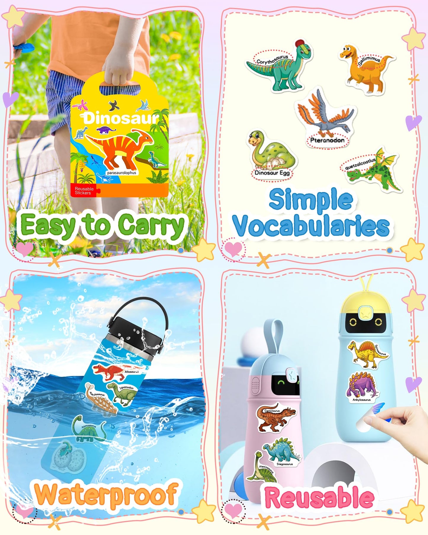 Benresive Reusable Sticker Books For Kids 2-4, Sticker Books For Toddlers 1-3, Toddler Sticker Book Age 2-4, Toddler Travel Toys Activities Crafts Gifts - Dinosaur Sticker Book