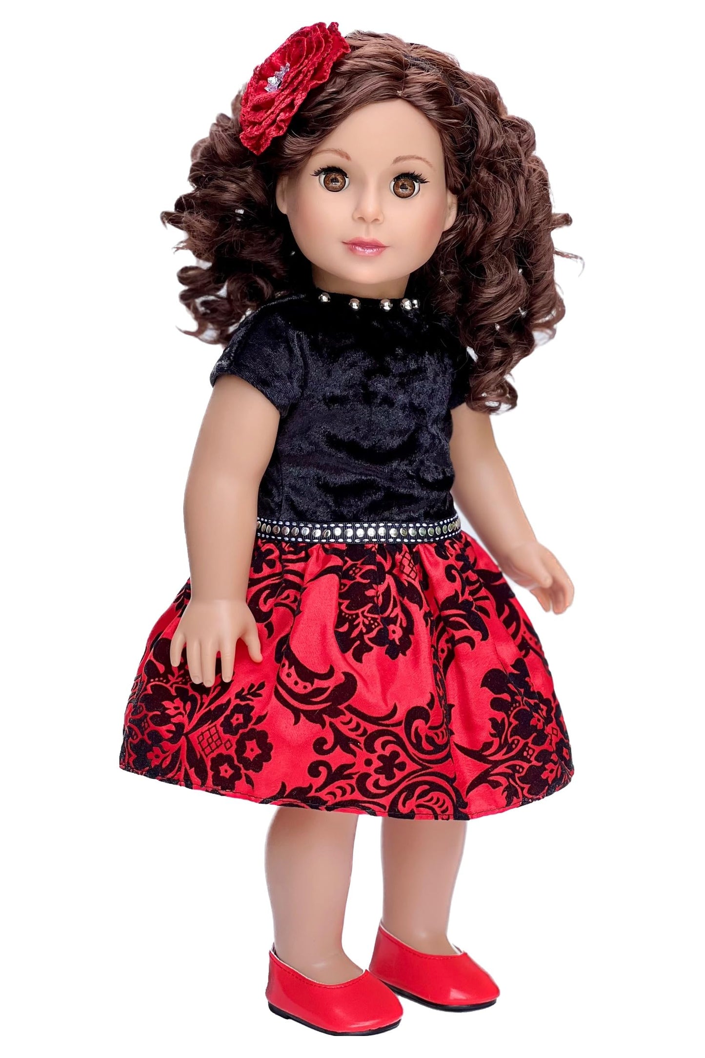 Holiday Spirit - 3 Piece 18 Inch Doll Outfit - Holiday Red Taffeta Party Dress With Red Shoes And Headband - (Doll Not Included)